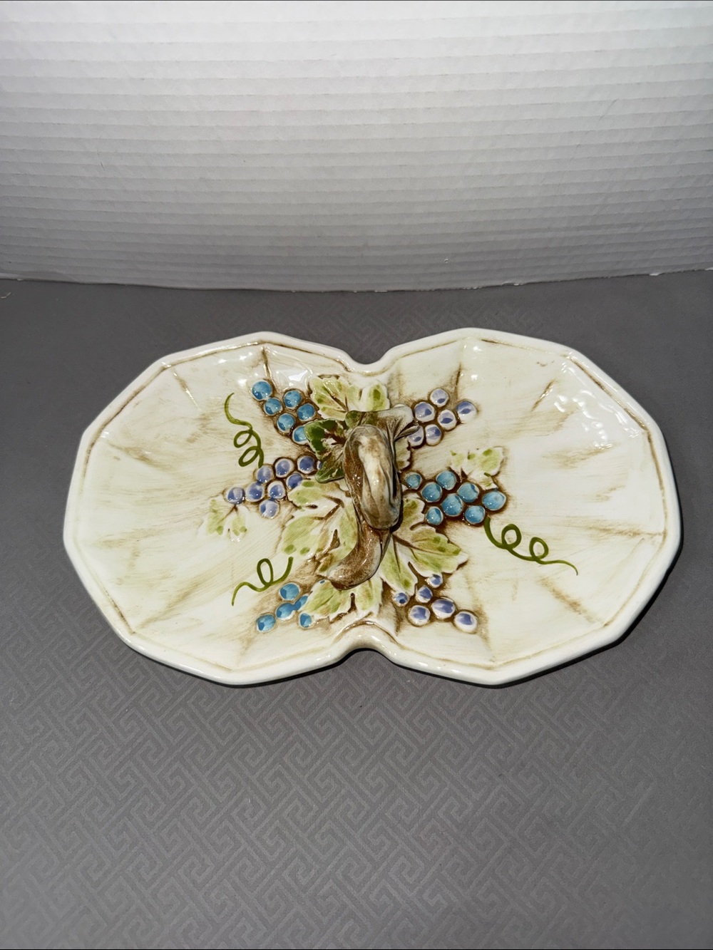 Vintage Lefton Ceramic Divided Dish Hand Painted Grapes & Vine Motif Handle
